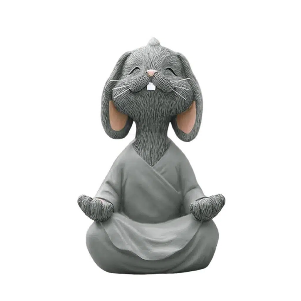 Dekoratif Yoga Yapan Tavşan Biblo Meditasyon Büyük Boy Tavşan Heykeli Ev Dekoru 18x11.5 cm - Gri