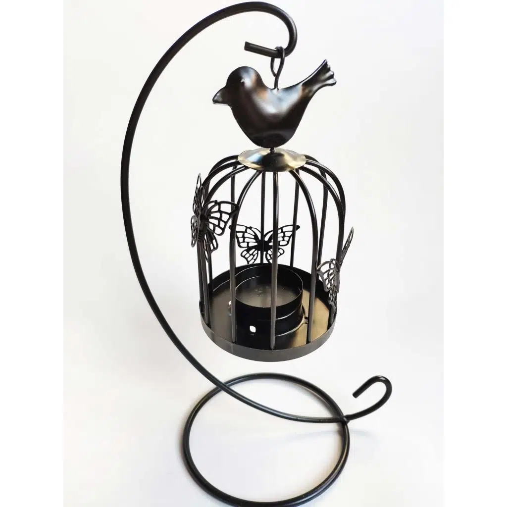 Ferforje Kuş Kafesi Tealight Mumluk Dekoratif Mumluk - Siyah