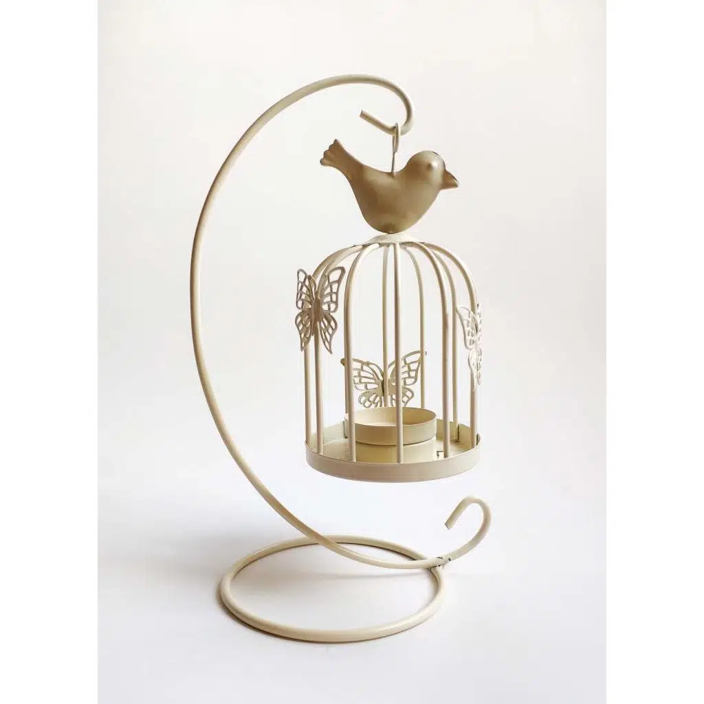 Ferforje Kuş Kafesi Tealight Mumluk Dekoratif Mumluk - Krem