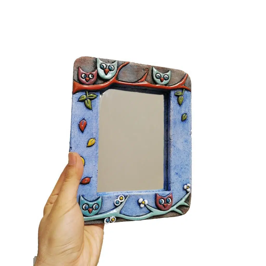 Özel Tasarım Baykuş Süslemeli Seramik Çerçeve Ayna 14.5 x 10 cm