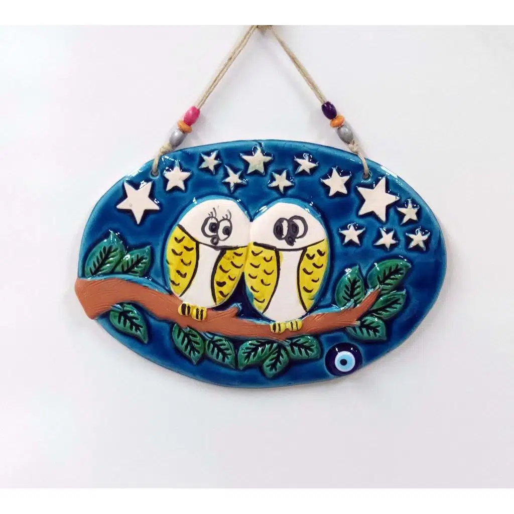 Seramik Aşık Baykuşlar Nazarlık Dekor ve Duvar Süsü 33x23 cm
