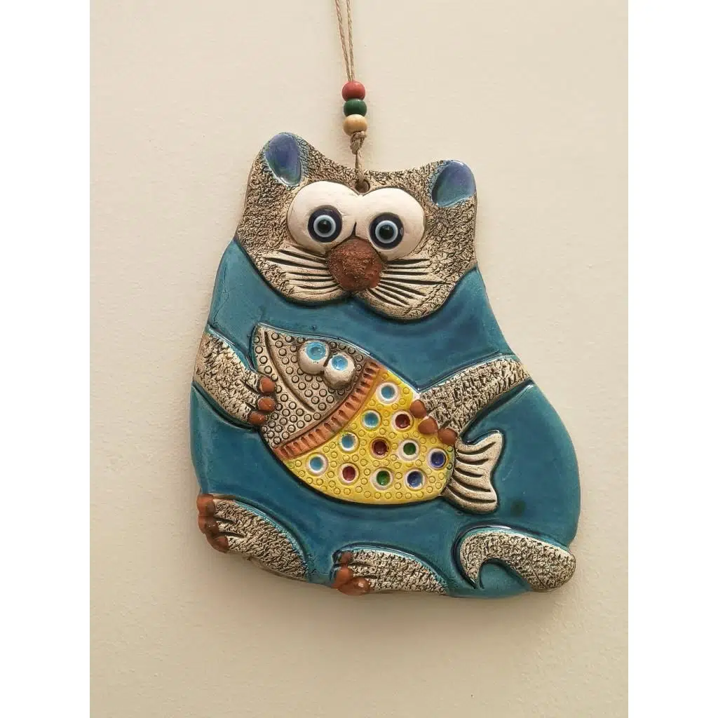 Seramik Balık Tutan Kedi Desenli Dekoratif El İşi Duvar Süsü