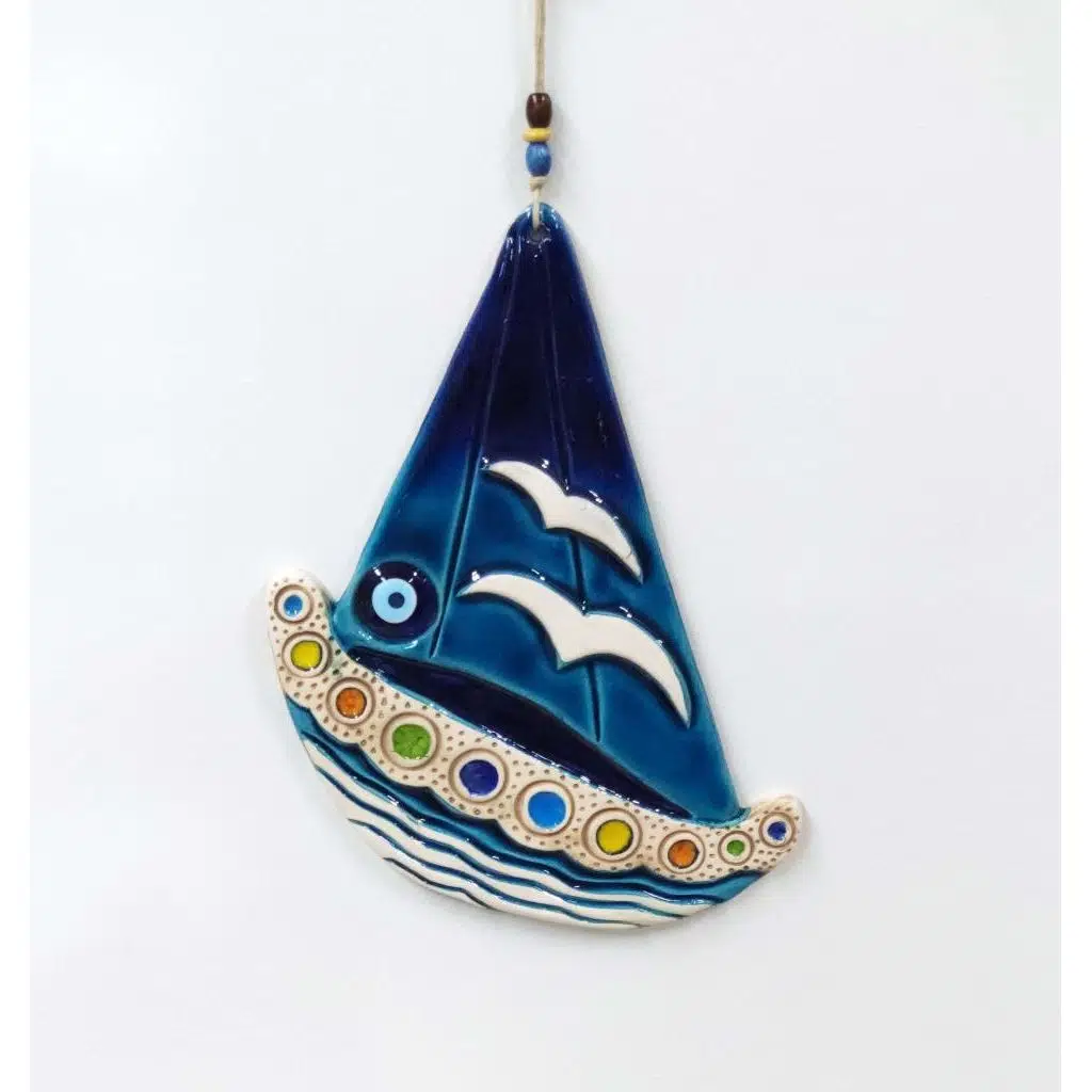 Seramik Gemi Martı ve Nazarlıklı Dekoratif Duvar Süsü 28x36 cm