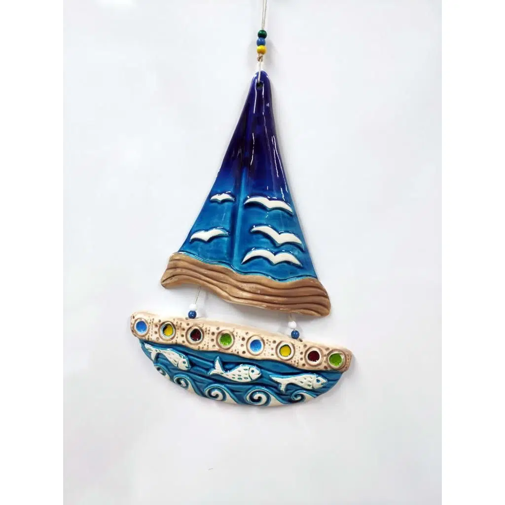 Seramik Martı ve Balık Desenli Gemi Dekoratif Duvar Süsü 28x41 cm